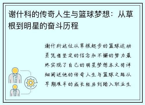 谢什科的传奇人生与篮球梦想：从草根到明星的奋斗历程
